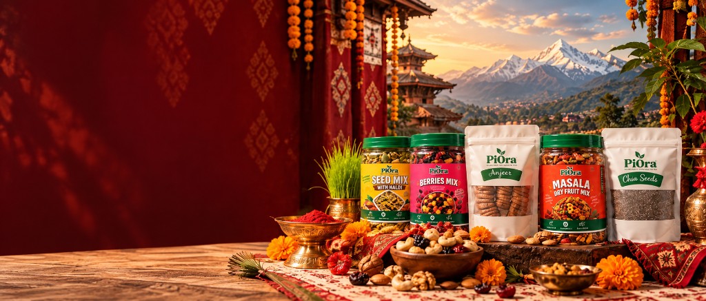 Festive PiOra display of dry-fruit jars, nuts, marigolds and the Himalayas for Dashain